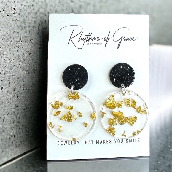 Rhythms of Grace Creative Jewelry - Chic Gold & Black Acrylic Earrings with Gold Leaf Flecks | NWT Elegance!